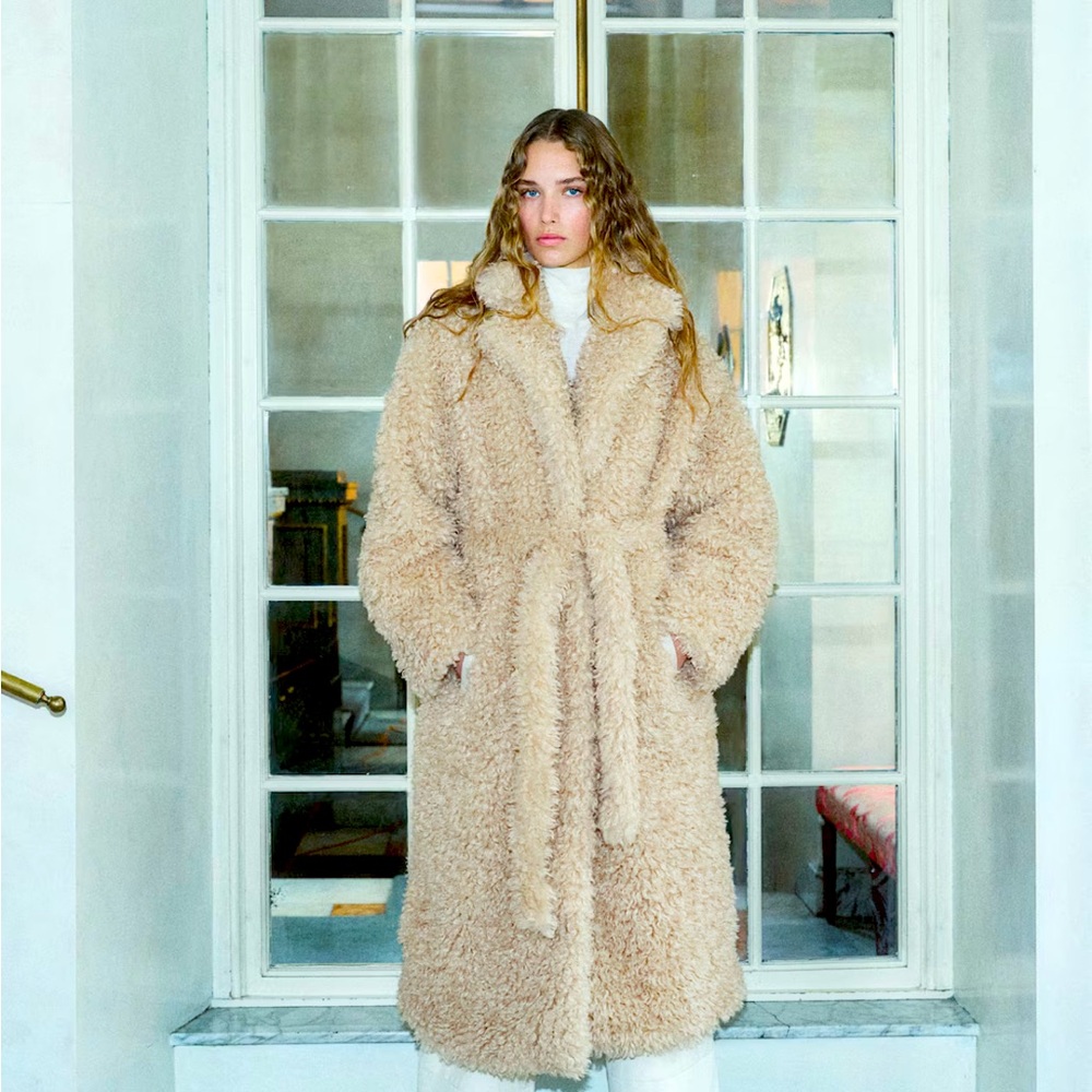 TIE-BELT TEDDY FLEECE COAT H&M size S